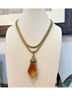 Vintage Brass Two Strand Snake Chain Necklace w/ Brown Tan Czech Glass Pendant